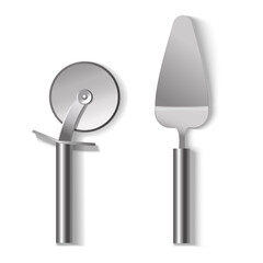 Realistic Detailed 3d Steel Pizza Cutter and Spatula Set. Vector