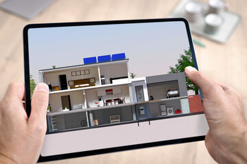 Projet de construction et vue en coupe de l'intérieur d'une belle maison moderne d'architecte avec cave sous-sol étage et garage avec panneaux solaires