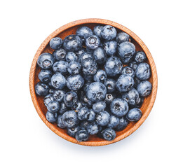 Bowl with tasty blueberry on white background
