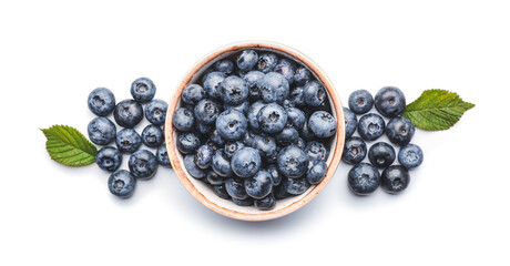 Bowl with tasty blueberry on white background