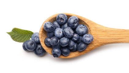 Spoon with tasty blueberry on white background