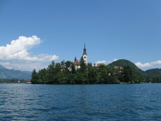 Lake Bled, Slovenia, Julian Alps, Island, Green mountains forest