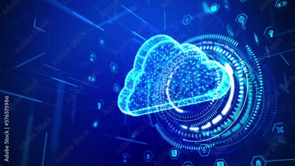 Poster 3d rendering cloud computer with hologram and hud head up display interface element, for cyber and f