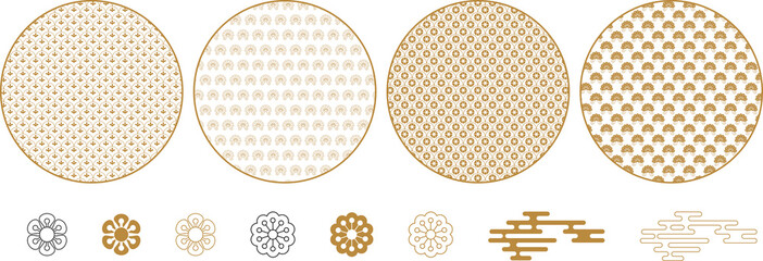 Round decorative elements with geometric and floral patterns.