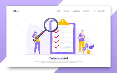 Fototapeta na wymiar Online survey form business concept with tiny people with megaphone, pencil nearby giant clipboard complete checklist and check mark ticks flat style design vector illustration landing page template.