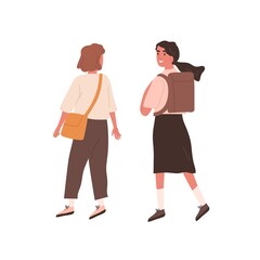 Female teenage friends wearing school uniform walking with schoolbags. Chatting teen classmates or pupils isolated on white. Flat vector cartoon illustration of two schoolgirls walking together