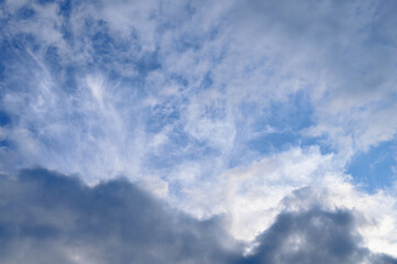 Abstract background of white fluffy clouds on a bright blue sky