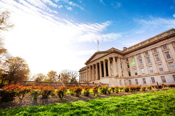 View of Treasury Building in Washington DC National Historic Landmark which is the headquarters of...