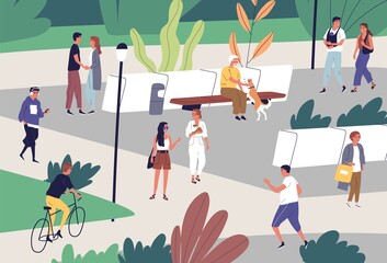 People spend time at public place with baby and dogs. Family couple walking, elderly man playing with pet. Flat vector cartoon illustration of summer recreation in city park with bench and bushes - obrazy, fototapety, plakaty