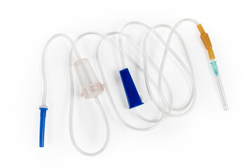 Disposable set for intravenous drip infusion on a white background