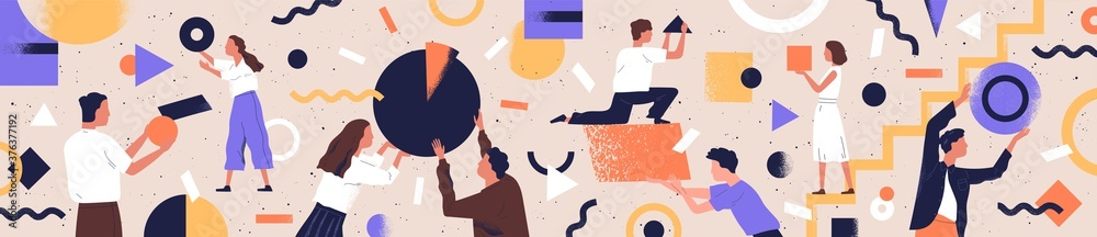 Poster concept of co working, business partnership, analytics or teamwork. colleagues work together. flat v