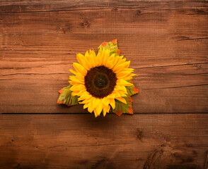 Obraz premium Autumn greeting card invitation. Beautiful fresh sunflowers with leaves on rustic wooden background.