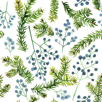 Pattern Christmas ornaments from the branches painted with watercolors on white background. Juniper, blue berries, Christmas tree branches © vaneeva