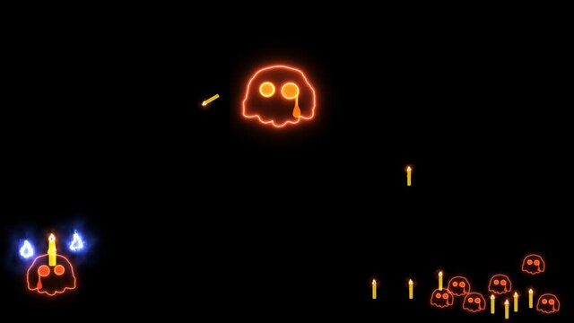 Skulls try throwing candle to crying skull then success Halloween burning text effect will appear on black screen