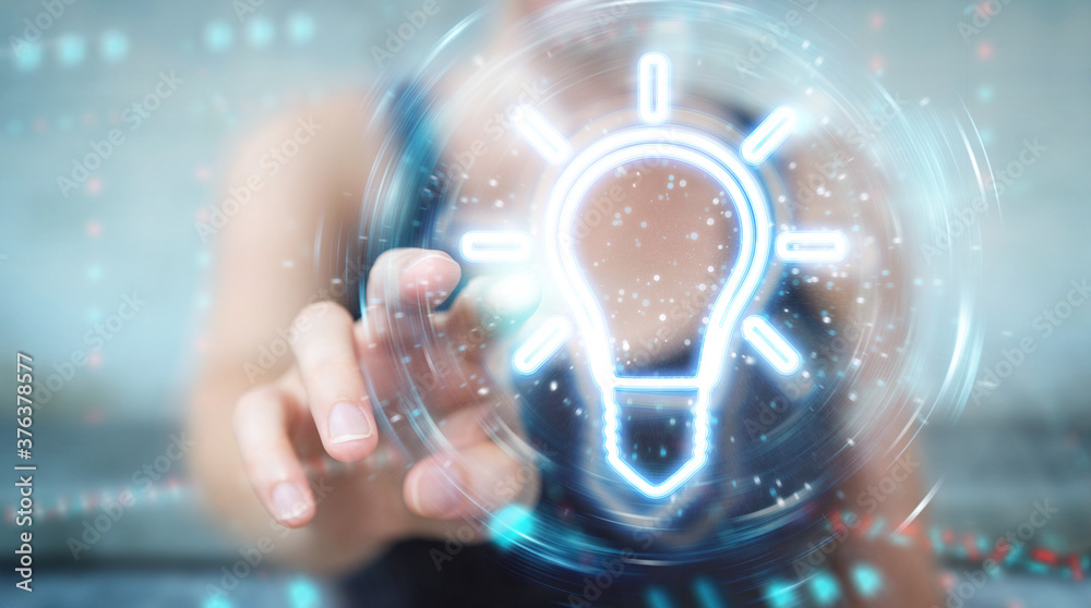 Aufkleber woman using lightbulb neon digital interface 3d rendering