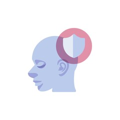 Mental health protection flat icon, vector sign, human head with shield colorful pictogram isolated on white. Symbol, logo illustration. Flat style design