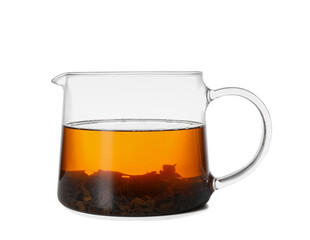 Glass jug of hot tea on white background