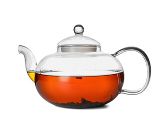 Teapot with hot beverage on white background