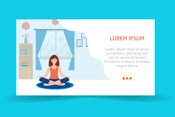 Running landing page template. girl sitting cross-legged in her room or apartment, practicing yoga and enjoying meditation. Vector illustration in flat style. 
