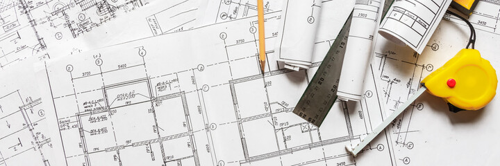 architect design working drawing sketch plans blueprints and making architectural construction...