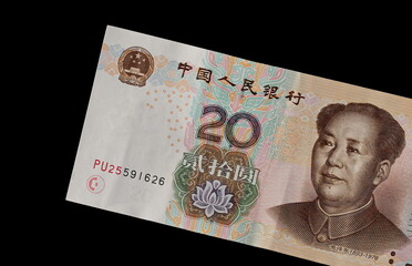 Twenty yuan bill, Chinese money isolated on black background, top view