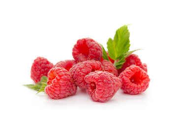  raspberries with leaf isolated on a white background