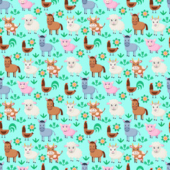 Farm animals seamless pattern. Collection of cartoon cute baby animals. Cow, sheep, goat, horse, donkey, pig, cock, chicken. Flat vector illustration isolated.