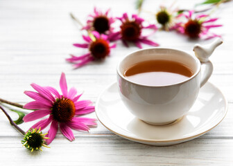 Fototapeta na wymiar Echinacea tea with fresh flowers.