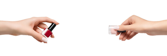 Female hands pass red and pink varnish bottle. Nail art advertising banner.