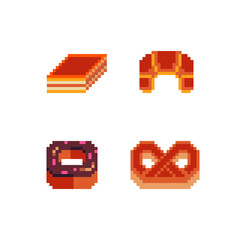 Pixel art confectionery icon set with pastries. Baked tasty food and buns. Design elements, sticker, logo bakery. Cupcake, pie, bun, croissant, chocolate donut isolated vector illustration. 8-bit.