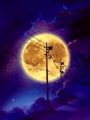 silhouette of electric pole with yellow big full moon in night sky