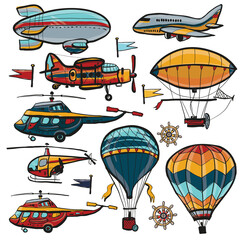 Obraz na płótnie Canvas Cute hand drawn kids toy air aeronautic transport. Child bright cartoon chopper, helicopter, aerostat, balloon, biplane, dirigible, zeppelin, plane vector. Baby boy birthday set of isolated elements