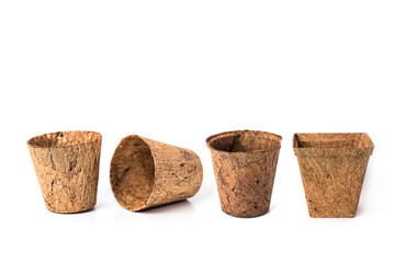 recycle tree pot or flower pot made from coconut fiber on white background.