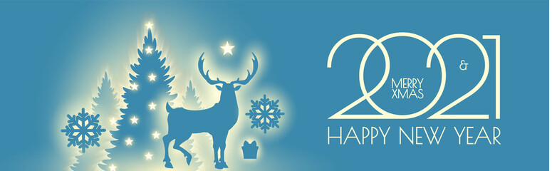 Merry Christmas amd happy new 2021 year shining silhouettes design template with fir trees, deer, gifts and snow.