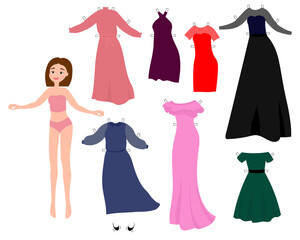 Paper doll with clothes for cutting evening dresses vector illustration