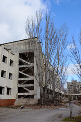 The "Energetik" Palace of Culture is a now abandoned multifunctional palace of culture in Pripyat in the exclusion zone of the Chernobyl nuclear power plant, side view.