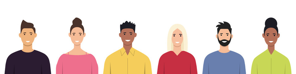 A multicultural group of people. A set of men and women of different nationalities. A multi-ethnic society. Teamwork, cooperation, friendship concept. Flat style. Vector illustration
