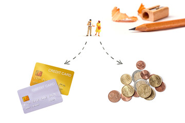 mock up demo credit card  with euro money and miniature couple on white background.