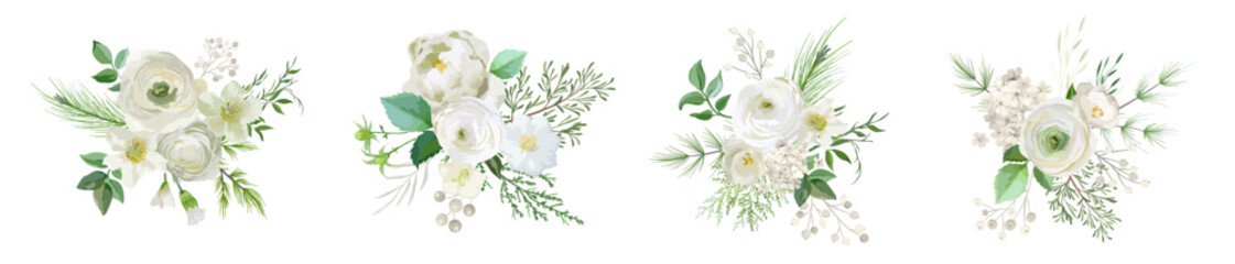 Elegant Winter bouquetes, Evergreen pine brunches, pale rose, white hydrangea, ranunculus flowers, eucalyptus, rowan berry, greenery leaves, floral elements. Vector isolated illustration set