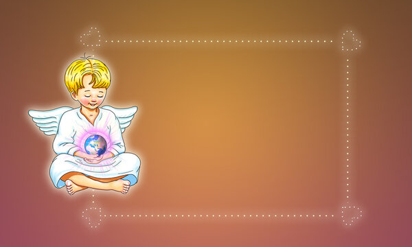 Vorlage Template Layout engel elohim transformation erzengel lichtarbeiter h&auml;lt neue Erde in Hand leuchtend rosa Hintergrund braun Rahmen Punkte Herzen Spiritualit&auml;t Liebe junge barfu&szlig; niedlich s&uuml;&szlig;