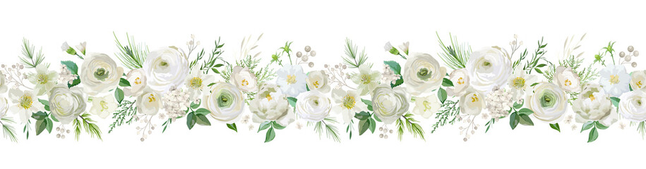 Winter floral vector garland border, Watercolor Flowers Christmas season frame, holiday seamless background, with rowan berries, pine branch, ranunculus, xmas decoration banner © wooster