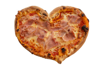 Heart shaped pizza with tomatoes and ham for Valentines Day isolated on white background,Food concept of romantic love
