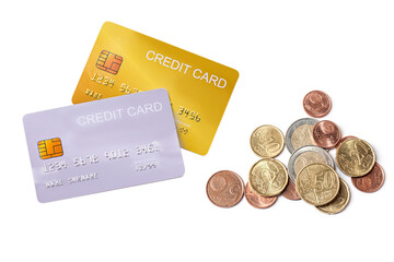 mock up demo credit card  with euro money banknote and coins on white background.