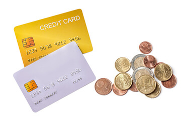 mock up demo credit card  with euro money banknote and coins on white background.