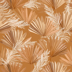 Tropical vector dry palm leaves, pampas grass seamless pattern, watercolor design boho background for wedding, textile print, exotic tropical wallpaper texture, cover, backdrop, decoration © wooster