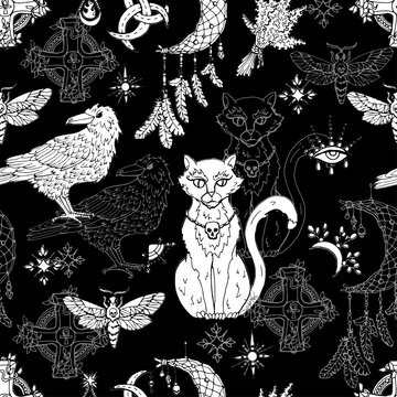  Seamless pattern with mystic animals - cat, crow and moth, dreamcatcher and witch magic objects. Mystic background for Halloween, esoteric, gothic and occult concept