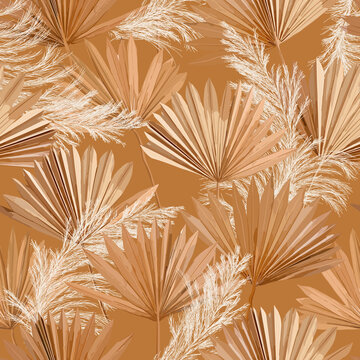 Tropical vector dry palm leaves, pampas grass seamless pattern, watercolor design boho background for wedding, textile print, exotic tropical wallpaper texture, cover, backdrop, decoration