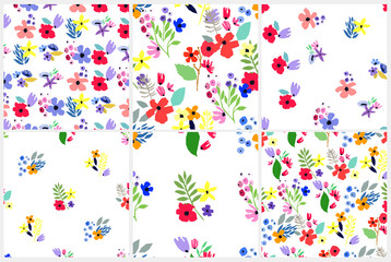 Seamless pattern set. Vector floral design with wildflowers. Romantic background collection