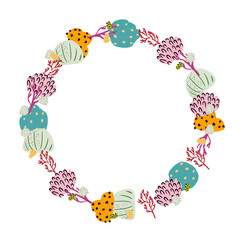 Abstract round frame made of flowers, corals and branches. Marine plants. Vector wreath.