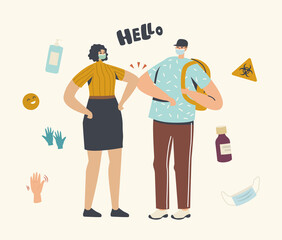 Health Safety, Distancing. Characters Greeting with Elbows Instead of Handshake. Friends or Colleagues Noncontact Greet